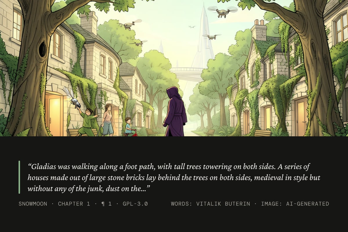 Quote card: “Gladias was walking along a foot path, with tall trees towering on both sides. A series of houses made out of large stone bricks lay behind the trees on both sides, medieval in style but without any of the junk, dust on the ground, or other imperfections that a real medieval structure would have had a thousand years earlier. A few of the houses featured small signs advertising clothing, flowers or food available for…”