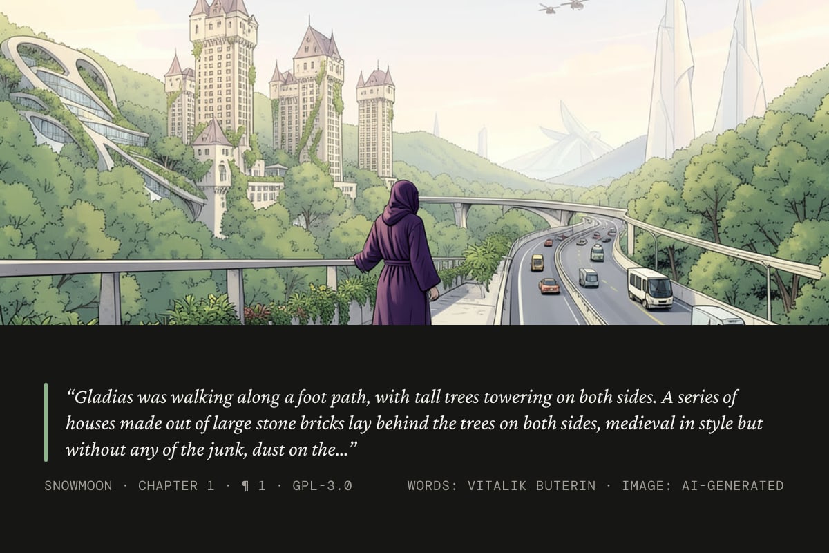 Quote card: “Gladias was walking along a foot path, with tall trees towering on both sides. A series of houses made out of large stone bricks lay behind the trees on both sides, medieval in style but without any of the junk, dust on the ground, or other imperfections that a real medieval structure would have had a thousand years earlier. A few of the houses featured small signs advertising clothing, flowers or food available for…”